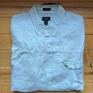 🍀 EUC J Crew Men’s Irish Linen Button Down Heathered Blue size Large Slim Fit